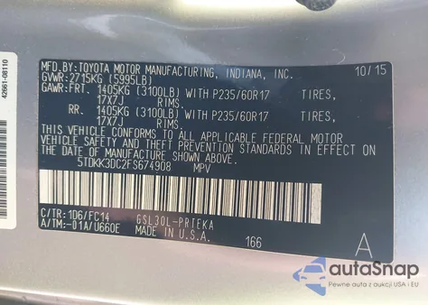 2015 Toyota Sienna Le 8 Passenger из США, поврежденный, VIN 5TDKK3DC2FS674908